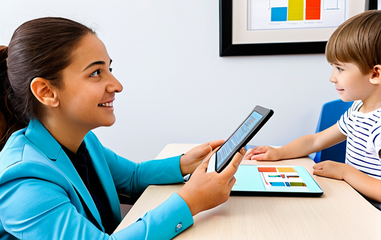언어 치료학의 발전 - Speech Therapist Evaluating a Child**
"A young child, fully clothed in casual, comfortable attire, ...