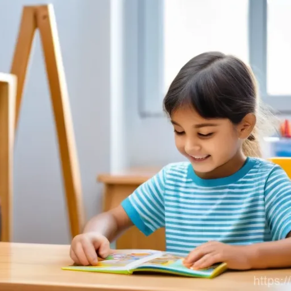 자폐증 언어치료 프로그램 - A heartwarming scene of a young child, approximately 6 years old, with bright, curious eyes, engaged...