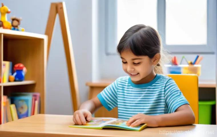 자폐증 언어치료 프로그램 - A heartwarming scene of a young child, approximately 6 years old, with bright, curious eyes, engaged...