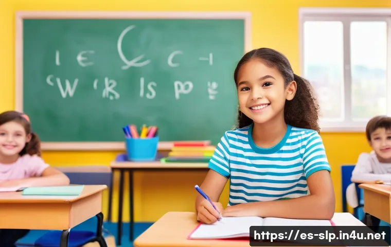 언어장애 치료 - **Prompt:** "A bright, colorful classroom scene. A young, elementary-aged girl with a slight speech ...