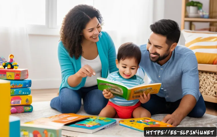 언어장애 진단 - A warm, inviting living room scene showing a Hispanic mother and father engaging with their toddler ...