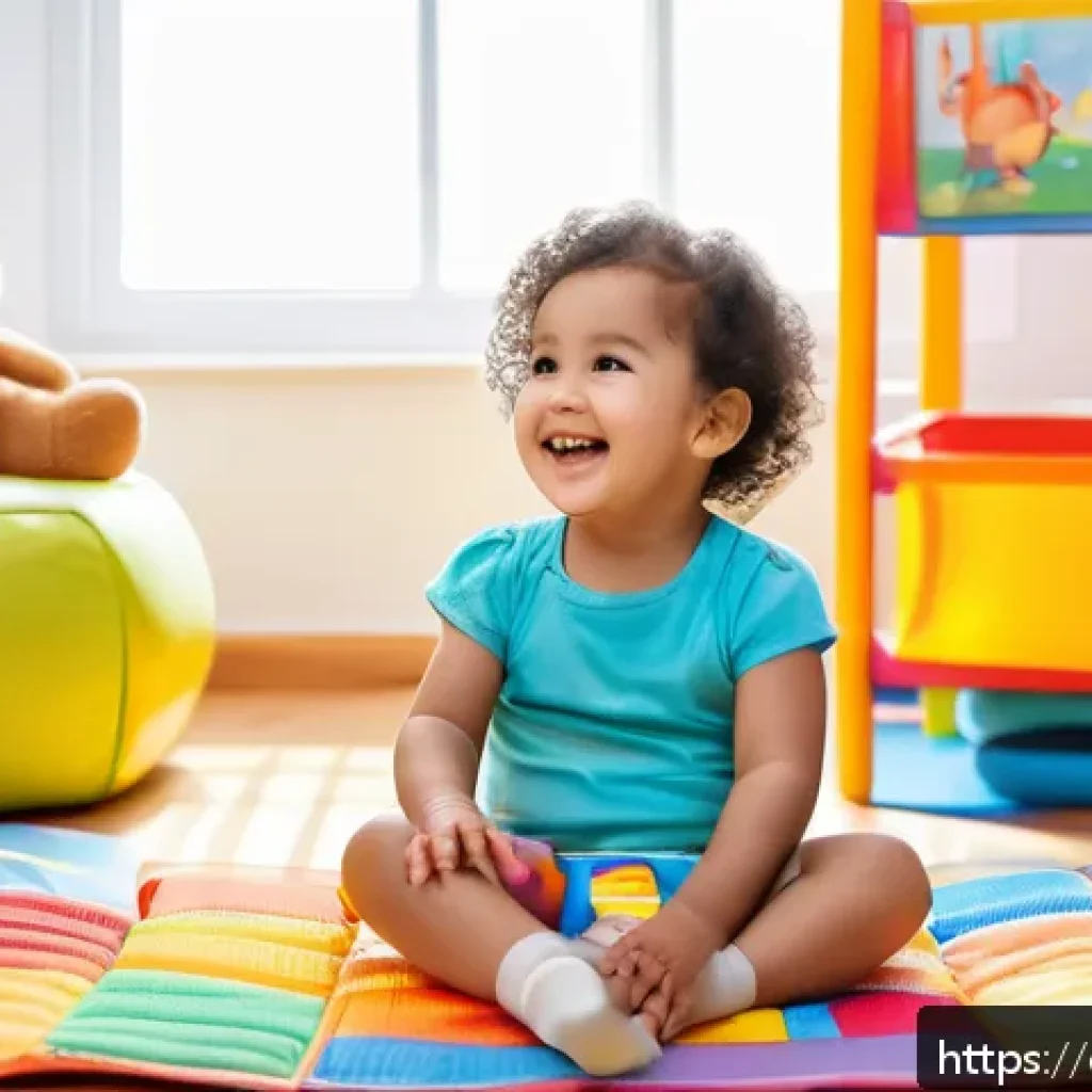 언어 치료 평가 - A warm and inviting scene of a young Hispanic toddler wearing a colorful diaper, sitting on a soft p...