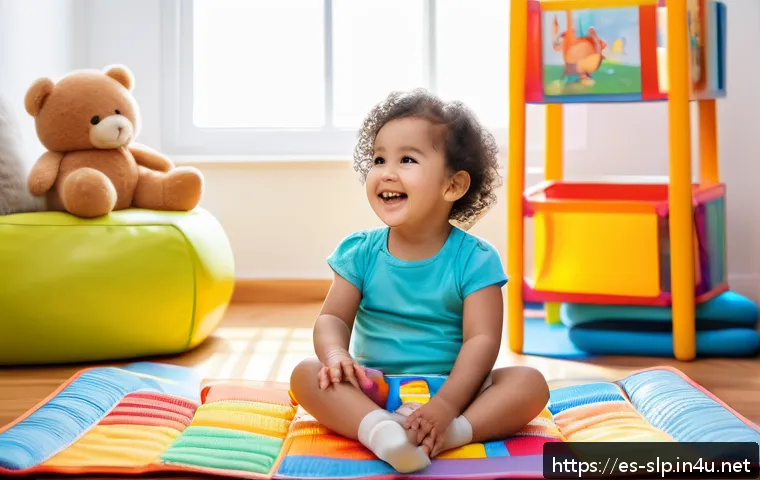 언어 치료 평가 - A warm and inviting scene of a young Hispanic toddler wearing a colorful diaper, sitting on a soft p...