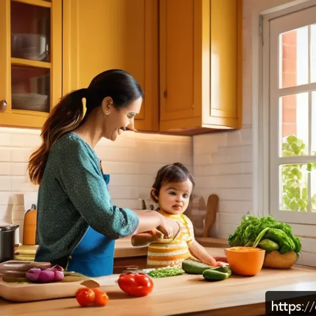 아동 언어 발달 - A warm, cozy family kitchen scene where a mother and her toddler, wearing a colorful diaper, engage ...