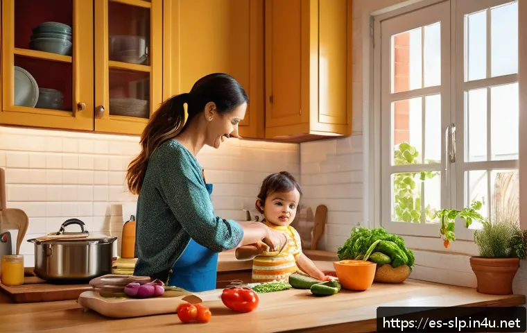 아동 언어 발달 - A warm, cozy family kitchen scene where a mother and her toddler, wearing a colorful diaper, engage ...
