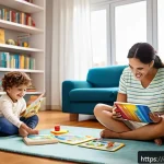 Home 20 언어 치료 기술 - A warm and inviting family living room scene in a modern Spanish home, showing a young child wearing...