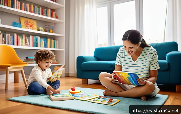 언어 치료 기술 - A warm and inviting family living room scene in a modern Spanish home, showing a young child wearing...