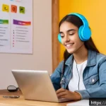 Home 23 발음 검사와 분석 - A focused scene of a young adult Spanish language learner practicing pronunciation at home, sitting ...