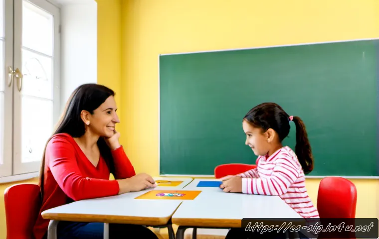언어치료 교육과정 - Photorealistic speech therapy curriculum session in a bright Spanish-language elementary school clas...